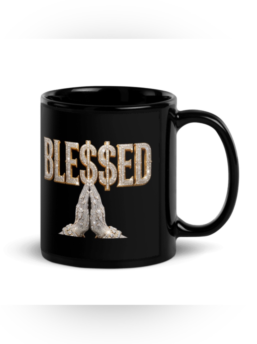 Black 'BLES$SED' Ceramic Mug with Gold & Silver Graphic